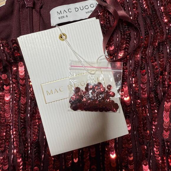 Mac Duggal NWT Red Long Sleeve Ruffle Detail Sequin Midi Dress Size 6 High Neck - Picture 5 of 10